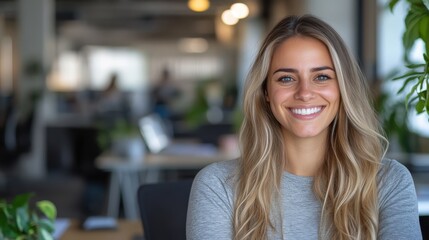 A woman in a light gray top sits confidently at her desk with crossed arms in a busy yet organized modern office, showcasing professionalism and self-assurance.