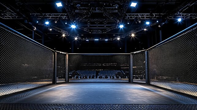 Spotlight-lit ufc octagon cage at night, creating tense atmosphere for upcoming fight. Excitement, power, and aggression palpable in empty arena. Intense combat night ahead