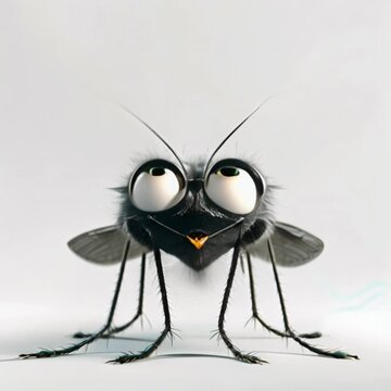 In a vibrant setting, a charming cartoon fly with big eyes and fuzzy details buzzes around, playfully engaging with nearby colorful elements and characters.