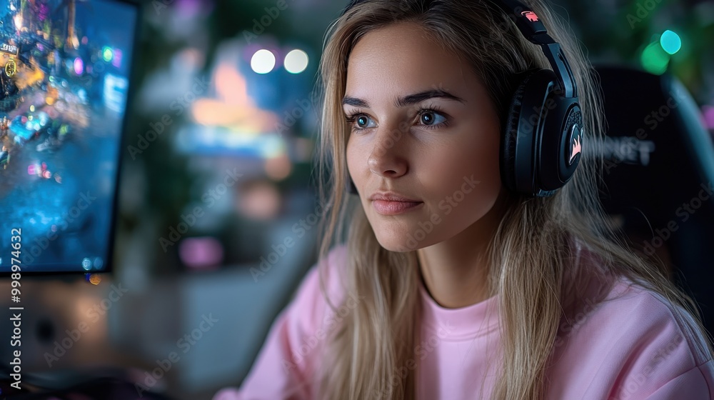 Aufkleber a person wearing headphones is engaged in a gaming session in a colorful, illuminated room, focused 