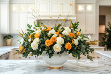Beautiful bouquet of delicate white and yellow roses in a round vase on the table