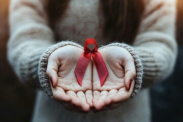 Two open palms cradle a red ribbon, symbolizing support for hiv aids awareness. Join hands on world aids day to make a difference