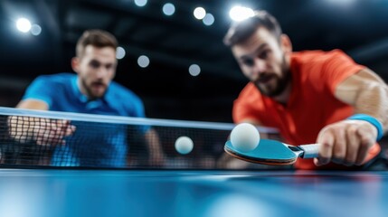 A close-up of a thrilling table tennis game moment, with players intensely watching the ball as it makes contact with the net, showcasing intense focus and action.