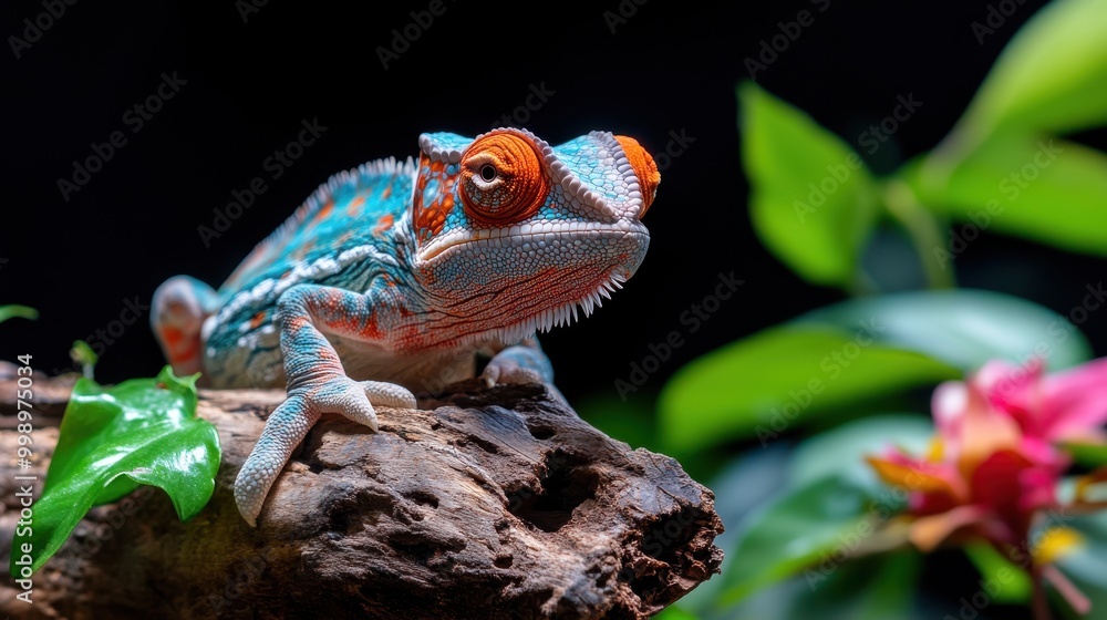 Poster a vibrant chameleon perched on a branch against a dark background, showcasing its intricate patterns
