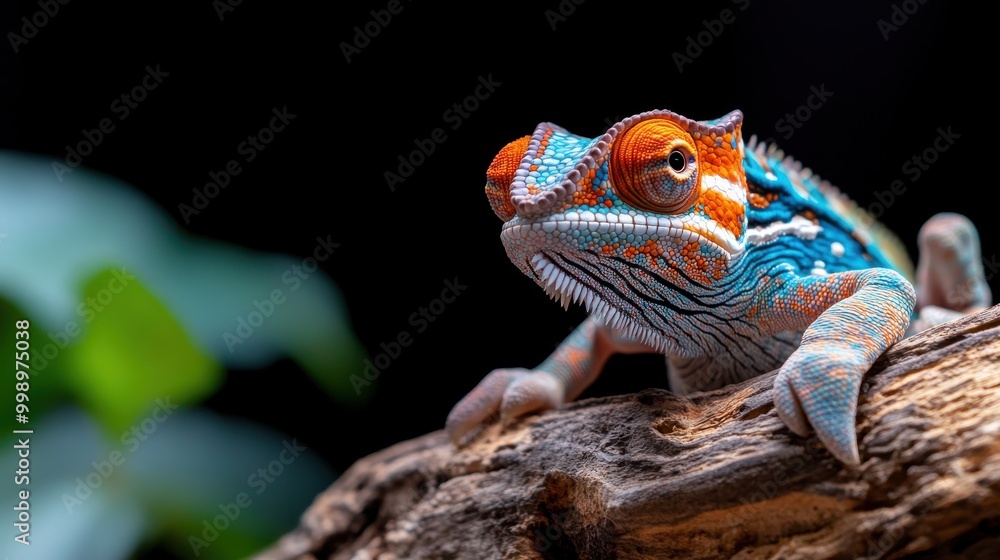 Aufkleber a close-up of an eye-catching chameleon resting on a branch, displaying its striking colors and text