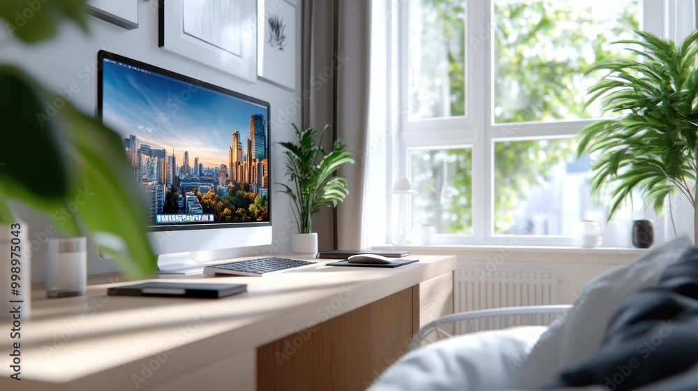 Aufkleber a modern home office with a spacious desk, a large computer monitor displaying a cityscape, and lush