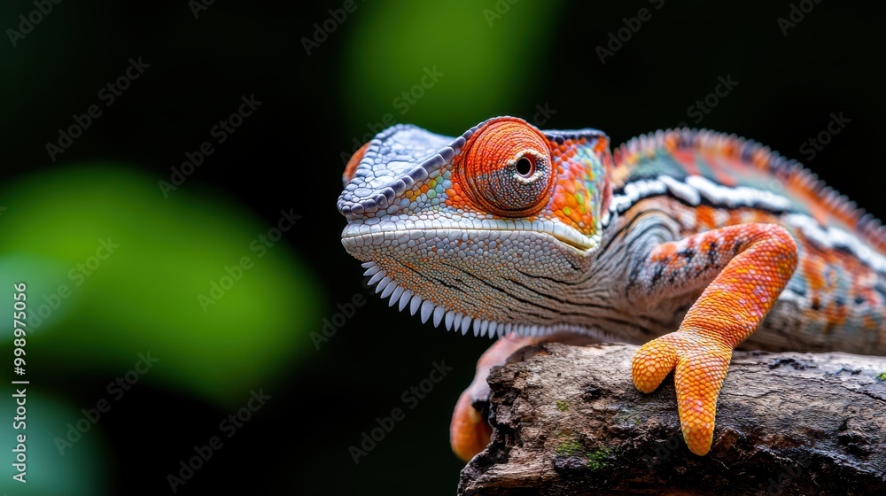 Poster a brilliantly colored chameleon with vibrant patterns and hues clings to a branch in a lush forest s