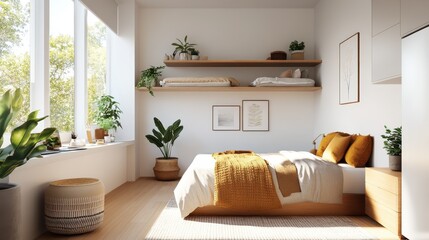 A minimalist and serene bedroom adorned with warm-toned bedding and potted plants, offering a peaceful retreat with a simple and elegant design, bathed in natural light.