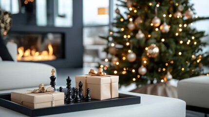 Two beautifully wrapped presents, one adorned with a chess set, are displayed on a black tray...