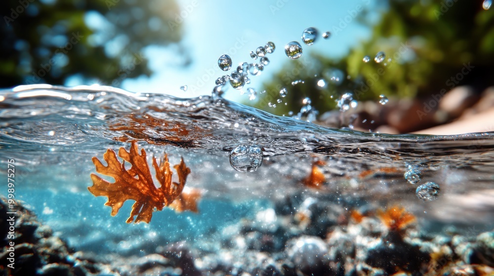 Aufkleber a vibrant close-up of water with a splashing stream, showcasing suspended droplets and a brown leaf 