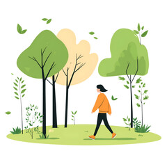 Woman Walking Through Greenery, Outdoor Nature Flat Color Vector Illustration of Leisure Walk, Cutout, Isolated on Transparent PNG/White Background.