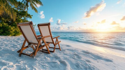 Two beach chairs are set on white sand, facing the ocean during sunset, creating a tranquil and picturesque view perfect for relaxation and appreciating the natural beauty around.