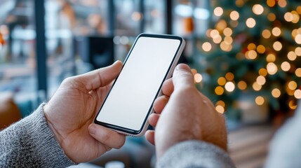 A pair of hands holding a smartphone with a blank white screen, captured indoors with a background that suggests a cozy setting, possibly a festive or winter-themed environment.