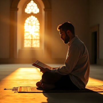Spiritual Reflection in a Mosque, a man reading a quran in mousque