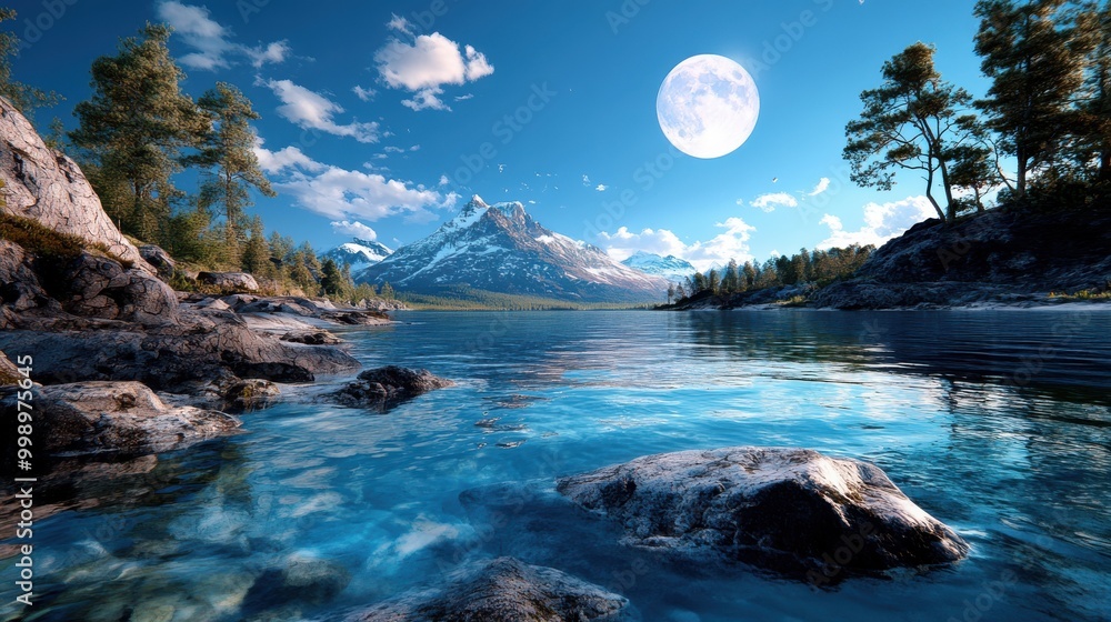 Aufkleber scenic view of a serene lake with surrounding mountains and a full moon, creating a tranquil and pic