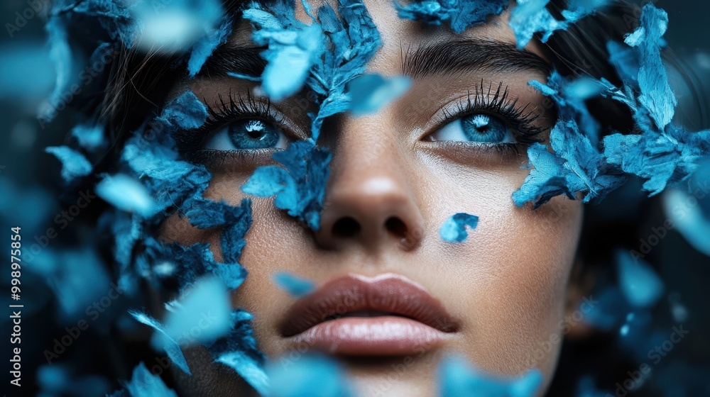 Poster a visually stunning abstract composition featuring an array of blue feathers in a close-up view, cap