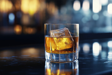 A photo of an Old Fashioned cocktail with one large ice cube on a modern stone bar table in a high class city lounge.