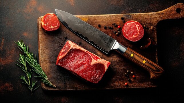 a closeup shot of a raw meat on cutting board with knife on a black surface