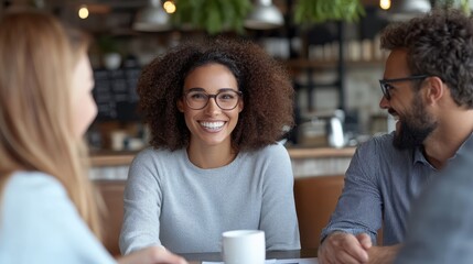 A cheerful woman wearing glasses, enjoying a pleasant time with friends in a modern cafe. The atmosphere is lively and bright, conveying connection and joy.