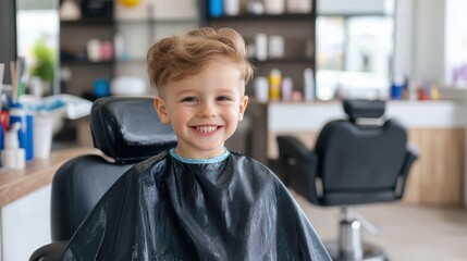 Smiling young boy with a new haircut proudly shows off his new style while sitting in a barbershop chair. The image captures joy and youthful vigor.