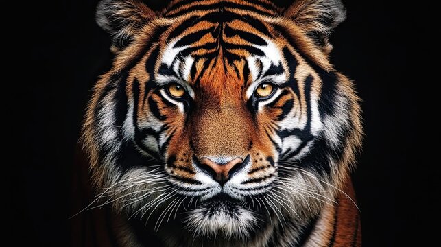 A close-up of a tiger's face looking into the camera. An animal in its natural habitat. A wild striped cat. Illustration for cover, interior design, banner, brochure.