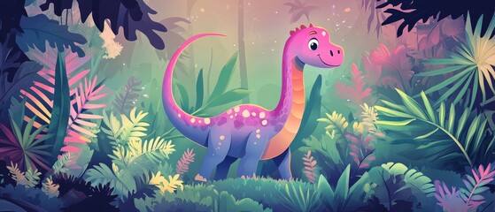 Naklejka premium Cheerful Cartoon Dinosaur in Pastel Colors a Lush Jungle