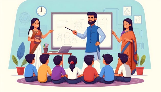flat vector illustration of Indian teacher teaching school students