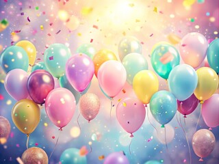 Soft focus of a stunning happy birthday banner background with centered composition and medium contrast featuring pastel balloons and confetti explosions in a whimsical arrangement