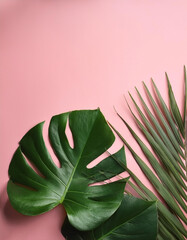 Monstera leaves on pastel pink background