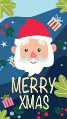 This festive image features Santa Claus with a cheerful expression, surrounded by wrapped gifts, holly, and leaves, wishing everyone a Merry Christmas in a whimsical style.