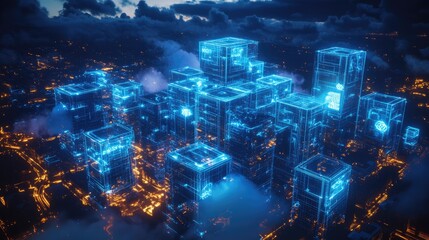 A futuristic city skyline with glowing blue buildings emerging from the clouds.