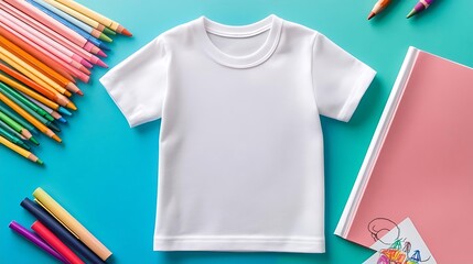A plain white t-shirt lies on a teal table surrounded by colorful markers and a pink sketchbook, perfect for creative activities.