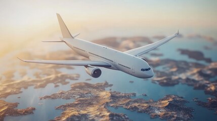 An airplane soars high above picturesque islands, reflecting the warm hues of a sunset over tranquil waters