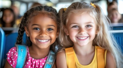 Fototapeta premium Two joyful girls with backpacks share a moment on a school bus, surrounded by fellow students, brimming with excitement
