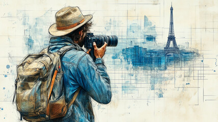 Fototapeta premium a sketch of a tourist in a blueprint graph, notebook journal effect,