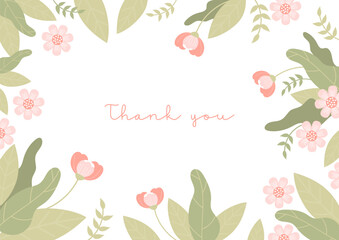 Floral Thank You card. Pink flowers and leaves on white background. Horizontal poster Thankful banner, flyer, Grateful Greetings, Appreciation Note. Vector illustration. Botanical background