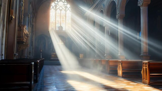 The interior of an empty church with a large window and sunlight falling inside, close-up, the motif of Catholicism and Christianity and faith in God
