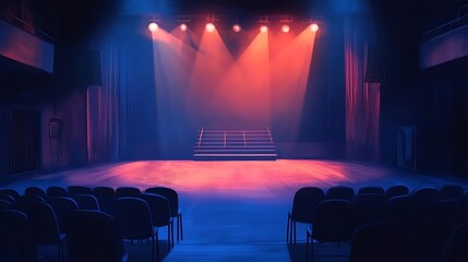 A dimly lit stage with colorful lighting and empty chairs, creating an atmosphere ready for a performance or event.