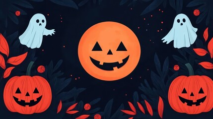 Glowing full moon on Halloween, October night with ghosts and pumpkins, flat design illustration
