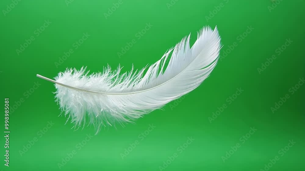 Poster single white feather is slowly rotating while floating on a green screen background, perfect for chr