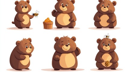 Fototapeta premium Adorable Cartoon Bear with Brown Fluffy Fur in Various Poses - Grizzly Mascot with Honey Pot, Bees, and Thoughtful Expressions