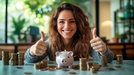 beautiful young woman smiling happy holding a big bank and pointing thumb up with the side