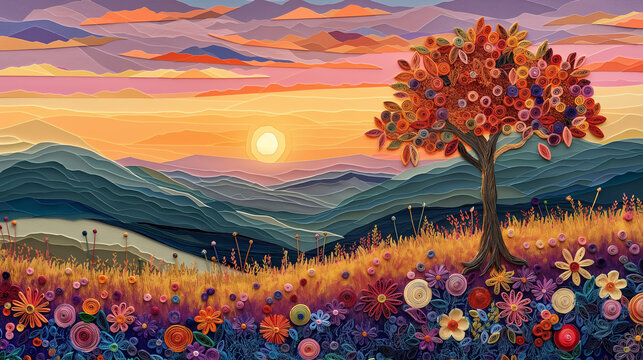 A sunset landscape in quilled paper art, a large orange tree stands in the foreground, surrounded by fields of colorful flowers. The sky blends soft purples, oranges