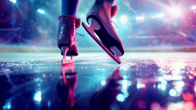 Dynamic ice skater surrounded by colorful neon lights, reflecting on the ice surface in a vivid and energetic scene.