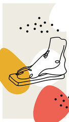  a minimalist line art drawing of a foot wearing flip-flops with colorful geometric shapes in the background, conveying simplicity and creativity.