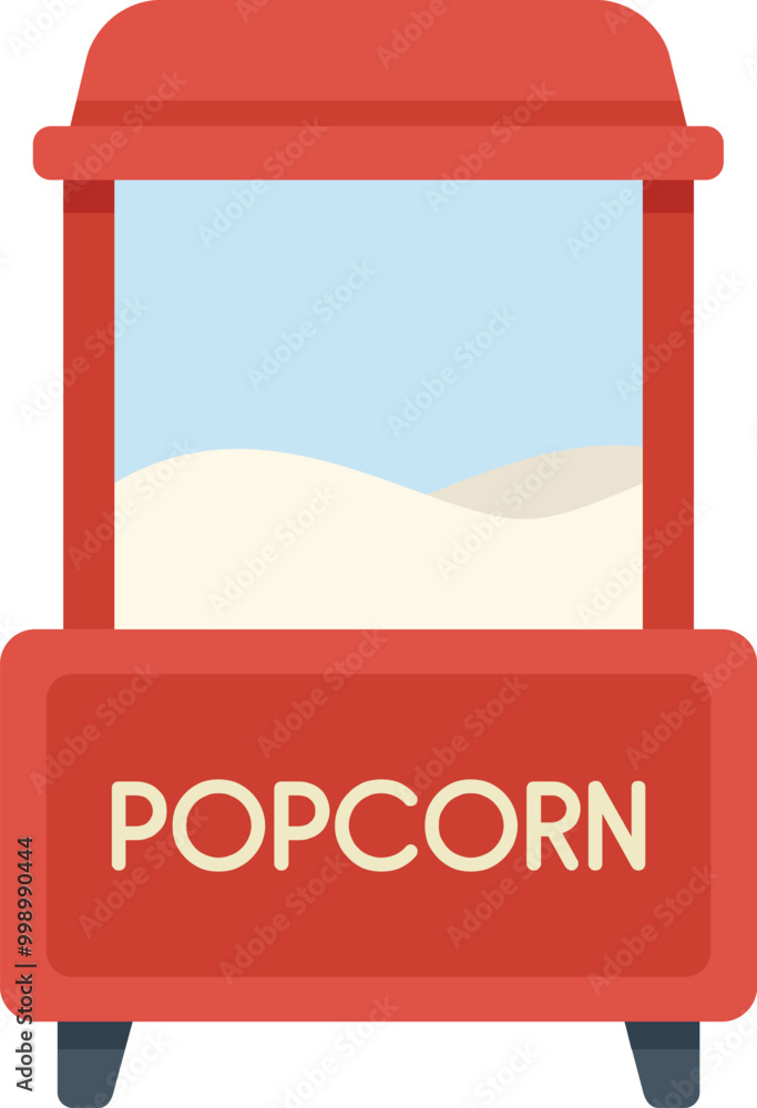 Poster red popcorn machine with a glass front displaying a fresh batch of popcorn