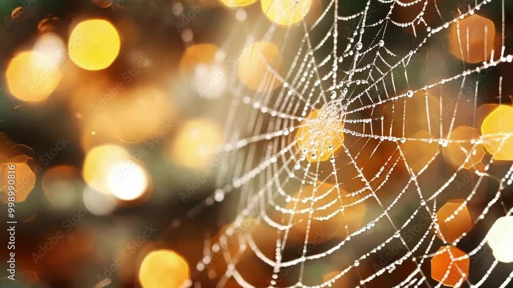 Poster spiderweb covered in dewdrops shines in warm bokeh lights, creating a magical vibe. the intricate pa