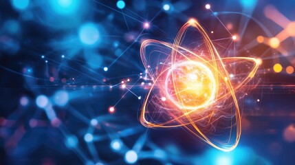 Obraz premium Abstract glowing atom with connected lines and dots on a blue background.