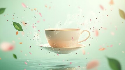 A floating cup releases steam amidst colorful petals and leaves, creating a serene and whimsical atmosphere.