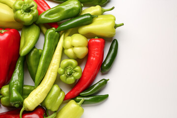 Different fresh peppers on white background
